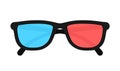 3d glasses isolated on background. Three-dimensional plastic glasses with red and blue lenses. Eyeglasses for 3d illusion in movie