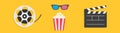 3D glasses Movie reel Open clapper board Popcorn box. Cinema icon set line. Flat design style. Yellow background. Isolated Royalty Free Stock Photo