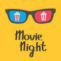 3D glasses. Popcorn box. Cinema icon. Pop corn. Movie night. Flat dsign style. Poster template. Yellow background. Isolated