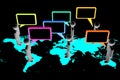 Cartoon characters, speech bubbles, world map - global communication concept