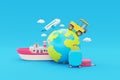 3D globe with boat, car, airplane and suitcase, global transport, Tourism and travel concept, holiday vacation. Royalty Free Stock Photo