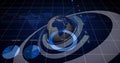 3D globe with data rings floating in analytics dashboard, with pie charts line graph numeric labels Royalty Free Stock Photo