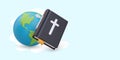 3D globe, giant Bible. Concept of Christianity. Missionary. Spread of religion worldwide