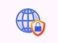 3D Globe hyperlink icon. Cyber security, shield lock. Personal data security Illustrates cyber data or information privacy idea.
