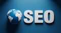 3D Globe and SEO Text on Blue Textured Background search engine optimization earth Royalty Free Stock Photo