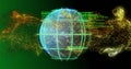 3D globe with turquoise grid rotating in digital space, data particles and green code Royalty Free Stock Photo