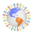 3D Globe with the view on america with drawn people holding hands. Concept for friendship, globalization, communication Royalty Free Stock Photo