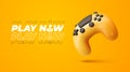 3d glossy game controller on yellow background. Isolated yellow gamepad vector illustration. Modern joystick gaming