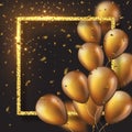 3D glossy golden ballons with frame and confetti. Royalty Free Stock Photo