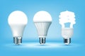 3D glowing CFL and LED light bulbs on blue background, realistic style. Idea, creativity and innovation concept