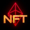 3d glowing nft lettering and ethereum symbols on black background. crypto art concept. 3d render