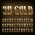 3D Gold alphabet font. Shiny golden letters, numbers and symbols.