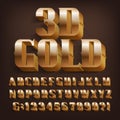 3D Gold alphabet font. Vintage bold letters, numbers and symbols with shadow.