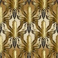 3d gold Baroque oak leaves and acorns seamless pattern. Vector m