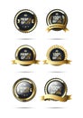 3d gold and black premium quality badge collection. Realistic premium warranty badge with ribbon and laurel wreath