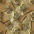 3d gold butterflies seamless pattern. Vector ornamental grunge background. Repeat grungy backdrop. Vintage golden flying