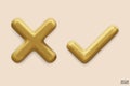 3D gold Checkmark and X mark icon. Checkmark right symbol, tick sign. check and uncheck for web and mobile apps. 3D vector
