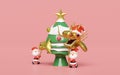 3d gold Chinese Dragon Dance with santa claus, christmas tree, star. merry christmas and happy new year, 3d render illustration