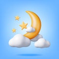 3D Gold Crescent Moon with Stars in Clouds Royalty Free Stock Photo