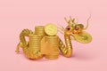 3d gold dragon with Gold dollar coins stacks, chinese new year 2024 capricorn. 3d render illustration