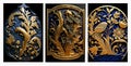 3d gold filigree relief sculpture art nouveau golden blue flowers branches