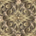 3d gold floral seamless pattern. Textured grunge mosaic background. Modern repeat vector backdrop. Vintage 3d swirls ornaments.