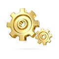 3D gold gear icon. gold metal gears and cogs. Mechanism wheels logo. Cogwheel concept template. Settings, process, progress