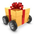 3d Gold gift on wheels