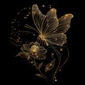 3d Gold glittery lines glowing blooming flower with butterfly. Black vector background illustration with golden line art flower, Royalty Free Stock Photo