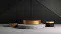 3D Gold and gray podium for product display on black background. Generative AI