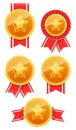 3D Gold medal with star and red ribbon. Winner award icon. Best choice badge set. Vector illustration Royalty Free Stock Photo