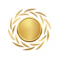 3d gold medallion and circular decoration from laurel leaves vector illustration. Realistic golden round award vip