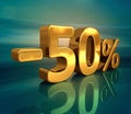 3d Gold -50%, Minus Fifty Percent Discount Sign