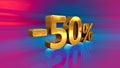 3d Gold -50%, Minus Fifty Percent Discount Sign