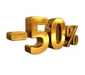 3d Gold -50%, Minus Fifty Percent Discount Sign Royalty Free Stock Photo