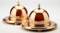 3D Gold Realistic set of golden plates with dome lids, mockup empty dishes for serving hot food in restaurant