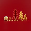 3d gold tree and gifs red background for christmass holiday