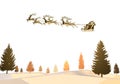 3d gold render of Santa sleigh driving over forest. on white background