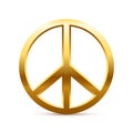 3d gold sign of peace, golden circle symbol of global love, hippie pacifists and hope