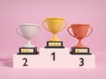 3d gold, silver and bronze trophy on podium. Winners cups prize champions. business achievement success. ranking sports award. Royalty Free Stock Photo