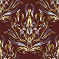 3d gold silver damask seamless pattern. Dark red vector floral b Royalty Free Stock Photo