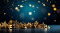 3D gold stars, confetti on blue background. Festive backdrop. Glitter bokeh. Can be used for Holiday, any celebration or party Royalty Free Stock Photo