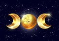 3D gold triple moon Wicca pagan goddess, wheel of the Year is an annual cycle of seasonal festivals. Wiccan calendar and holidays. Royalty Free Stock Photo