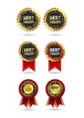 3d golden best seller award label collection. Realistic premium warranty badges with red ribbon and laurel wreath