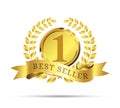 3d golden best seller award label. Realistic premium warranty badge with ribbon and laurel wreath