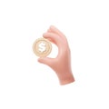 3D Golden Coin holding icon on isolate white background, closeup cartoon hand hold golden coin,. 3d render illustration Royalty Free Stock Photo