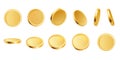 3D golden coins. Realistic blank yellow brass or gold coin different views. Payment and investment, bank and finance