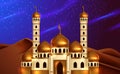 3D golden dome mosque at desert night sky view. Illustration for islamic event. Holy fasting month, ramadan Royalty Free Stock Photo