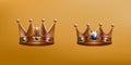 3D golden king and queen crown. Gems on monarchy cape. Antique prince or princess coronation in kingdom. Imperial