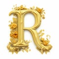 3d Golden Letter R With Flowers: Classicism Clipart In Yellow